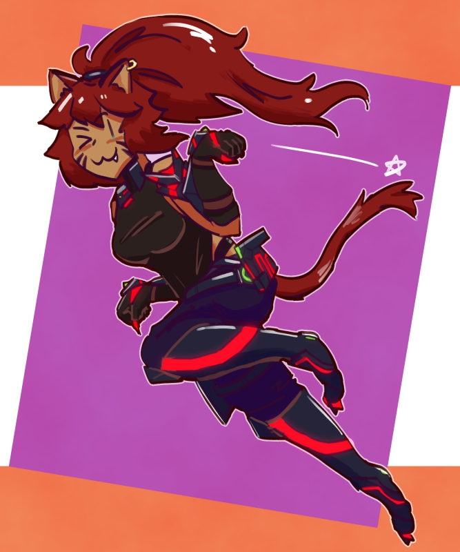 rosmarin, a cat assassin lady, dashing off against a geometric orange-purple-white background. she has long red hair in a ponytail with cat ears to match (left ear is pierced with a yellow hoop). her outfit is dark and futuristic with red and green glowing parts, tight black bodysuit, baggy blue pants and metallic black boots suited for cat feet. she has a futuristic gun on her hips, connected to her body by a grey belt. her arms are gloved in black with blue-black armor strapped to it, both hands (with red claw nails) giving a cat-like paw motion. a star symbol emanates from her left hand.